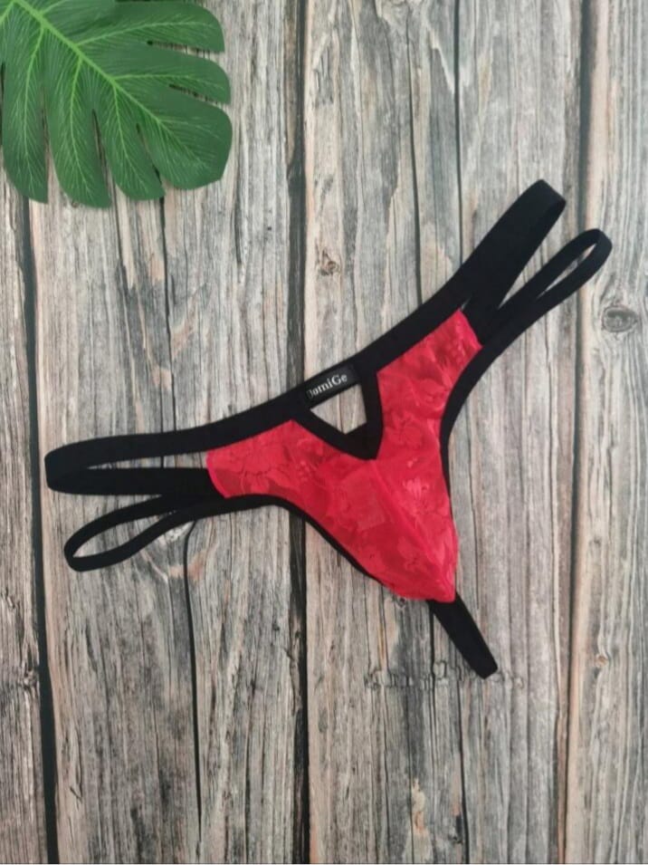 Domige 1 PC Sexy Red Jacquard Mesh Hollow Out Men's Erotic G-String Underwear